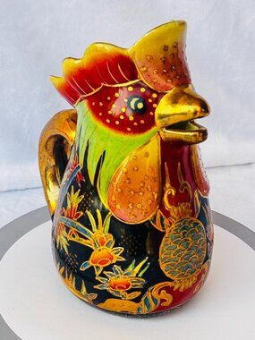 Vtg Hand Painted Japanese Moriage Satsuma Style L Rooster 9" Pitcher Gold Trim